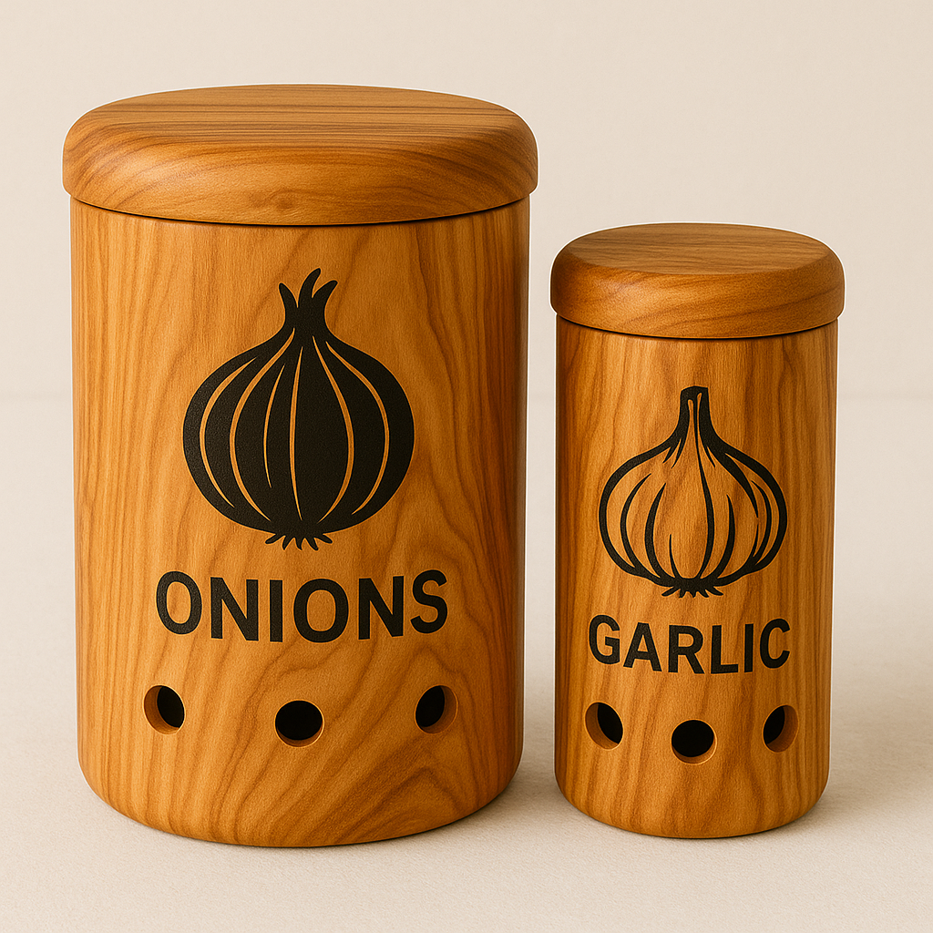 Aufbewahrungsbehälter aus massivem Olivenholz für Zwiebeln und Knoblauch – Funktionales Design in natürlicher Form