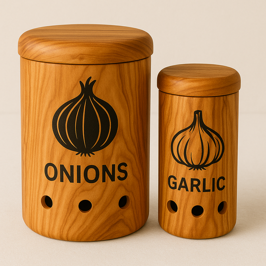 Aufbewahrungsbehälter aus massivem Olivenholz für Zwiebeln und Knoblauch – Funktionales Design in natürlicher Form