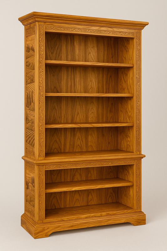 Bücherregal aus massivem Olivenholz mit handgefertigten Intarsien – Kunst in natürlicher Form