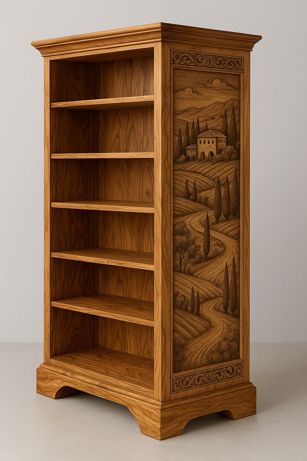 Bücherregal aus massivem Olivenholz mit handgefertigten Intarsien – Kunst in natürlicher Form